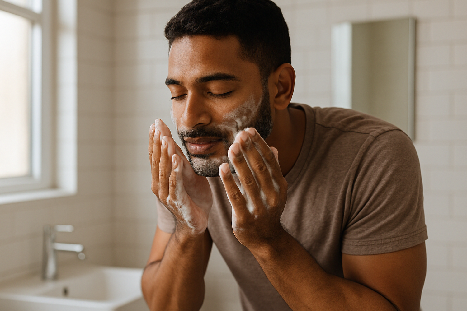 brown man using face wash 