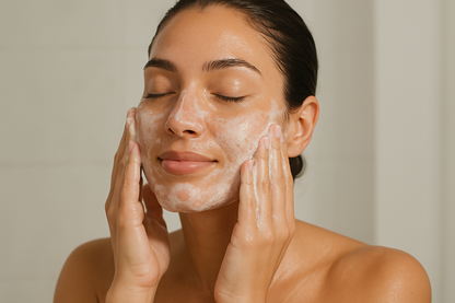 model using face wash no product containers 