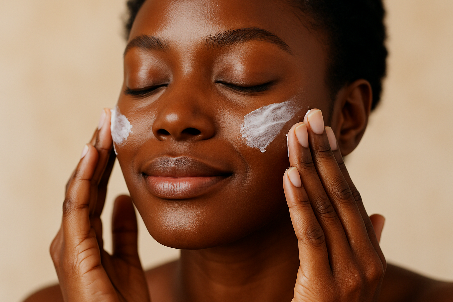moisturizer on skin of dark skinned woman 