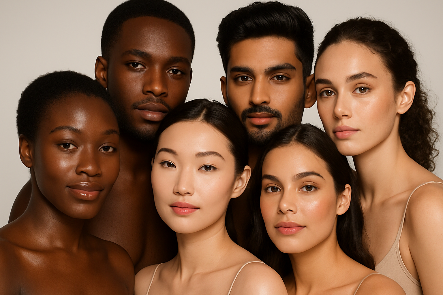 photo of 6 models.  Beauty shot. 1 black woman, 1 asian woman, 1 latina woman, 1 black man, 1 indian man, 1 mixed woman 